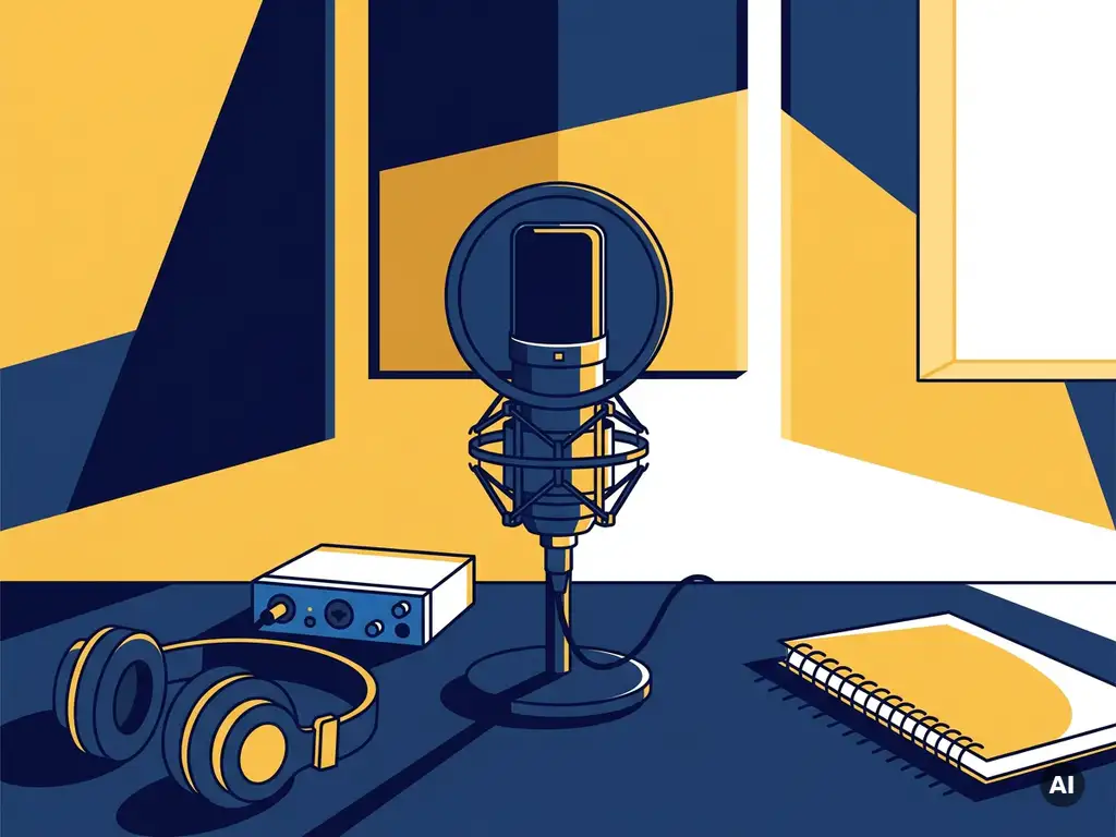 Professionele podcastmicrofoon op een studiodesk met koptelefoon, audio-interface en notitieboek in warme gele en marineblauw tinten.