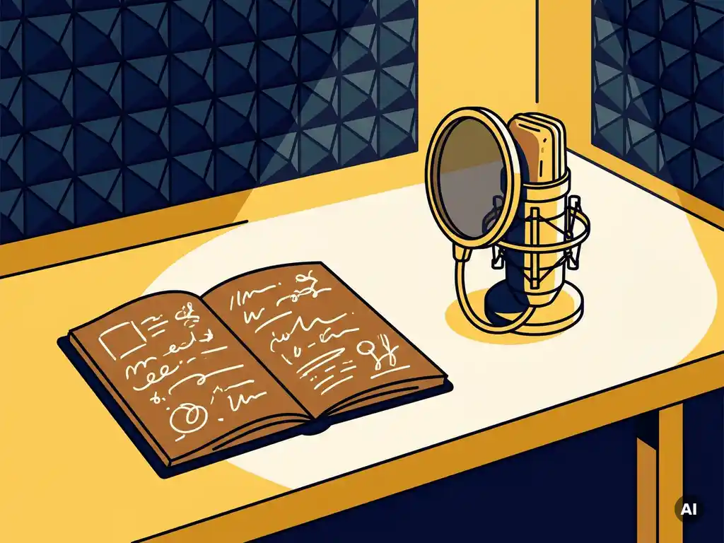 Opengeslagen notitieboek met podcastaantekeningen naast een condensatormicrofoon op een studiodesk, warm geel licht, donkerblauwe akoestische panelen.