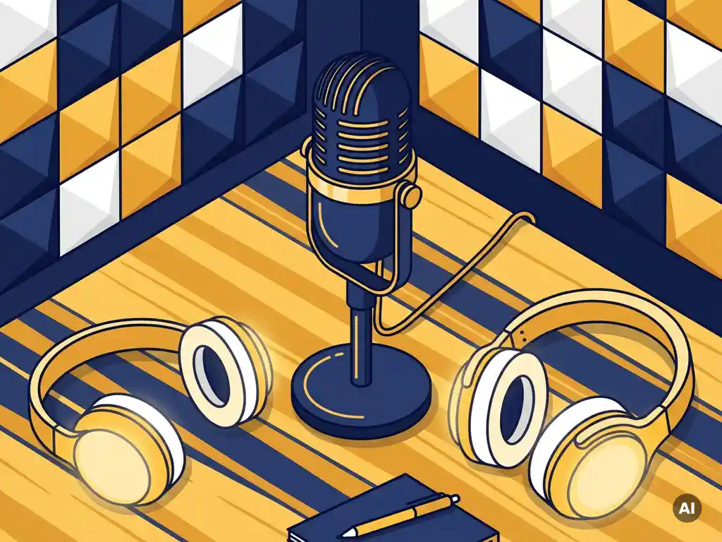 Professionele microfoon op een studiotafel met koptelefoon en notitieboekje, gezellige podcaststudio met akoestische schuimpanelen.