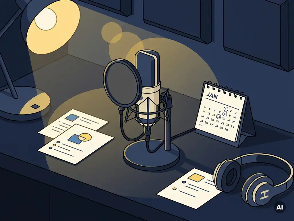 Professionele microfoon op donker studiobureaumet strategie-aantekeningen, koptelefoon en kalender in vlakke illustratiestijl.