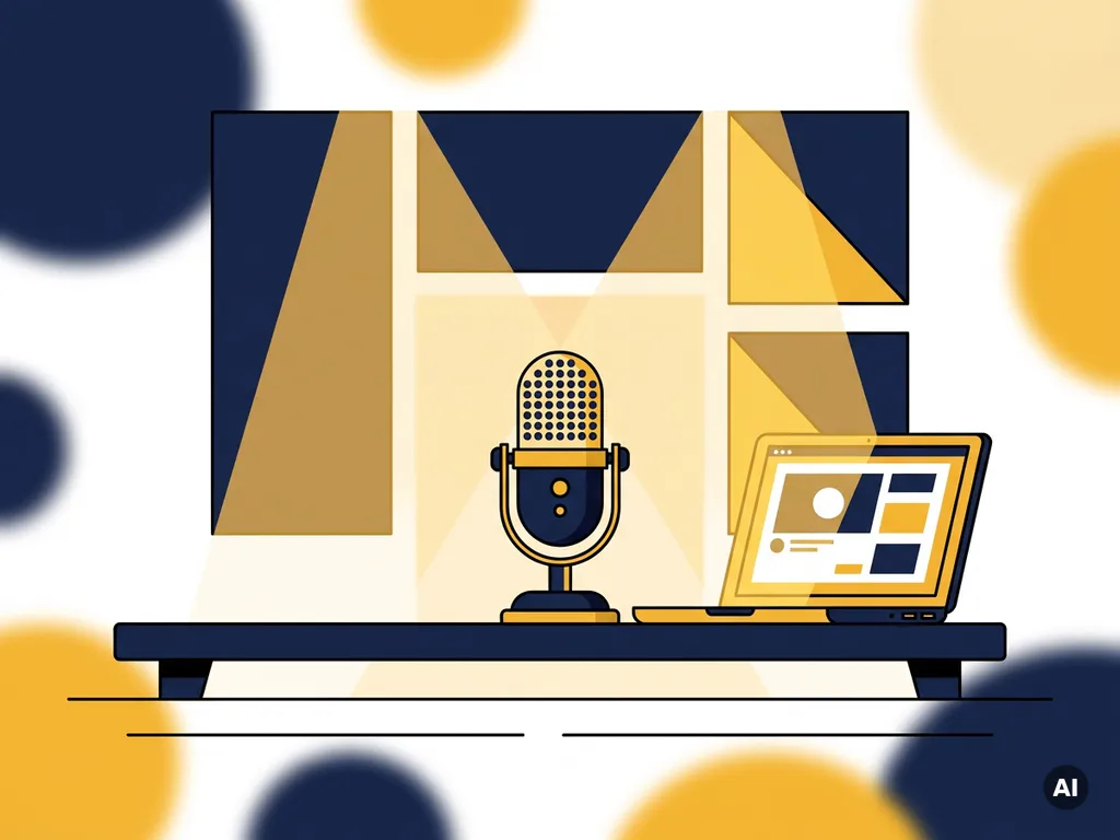 Professionele podcastmicrofoon op modern bureau naast laptop met webinar-interface, warm amber studiolicht en akoestische panelen op de achtergrond.