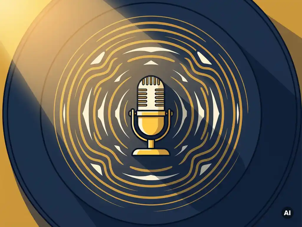 Professionele microfoon op een donkerblauwe studiodesk met gouden lichtval en geluidsgolven in vlakke illustratiestijl.