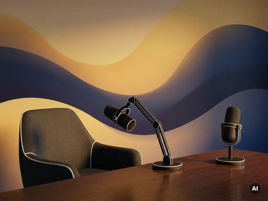 Twee studiomicrofoons op een desk, één gericht naar een lege gaststoel, tegen een abstracte achtergrond in geel en donkerblauw.