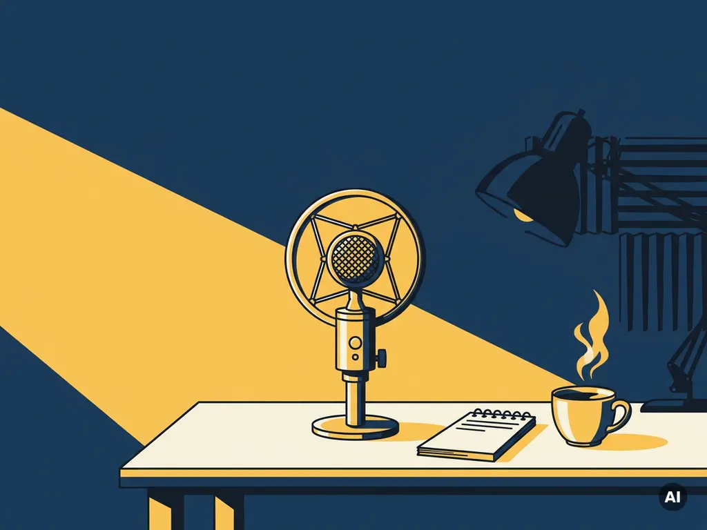 Vintage condensatormicrofoon op studiobureautje met notitieboekje en koffiekop, warme gele verlichting, vlakke illustratiestijl op marineblauw.