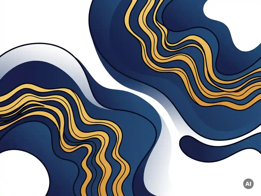 Abstracte vloeiende golven van boven, met zachte gradiënten in wit, marineblauw en gouden geel in een serene vectorillustratie.